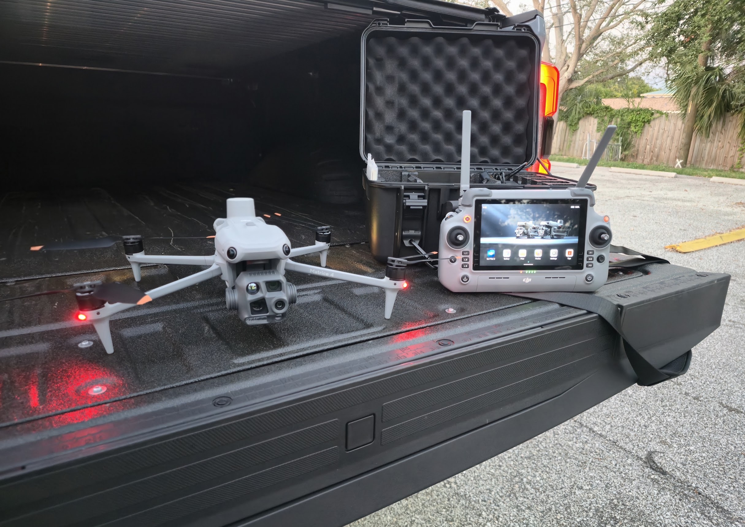 Thermal inspection drone and controller ready for a commercial roof scan