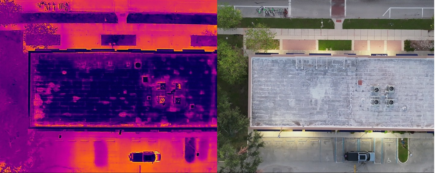 Side-by-side aerial infrared and visual image of a commercial roof showing trapped moisture