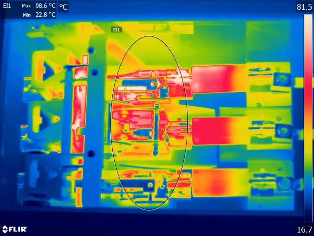 Infrared thermal scan of commercial electrical equipment showing an overheating connection